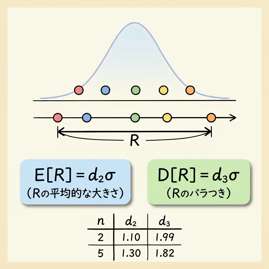 範囲Rの期待値と標準偏差。E[R]=d₂σ はRの平均的な大きさ、D[R]=d₃σ はRのバラつき