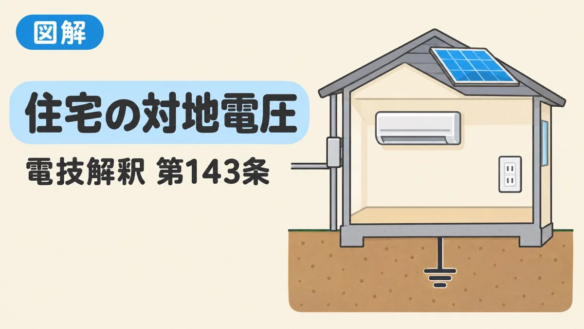 住宅の対地電圧の制限を表すアイキャッチ。エアコンとコンセントのある家と屋根の太陽光パネル
