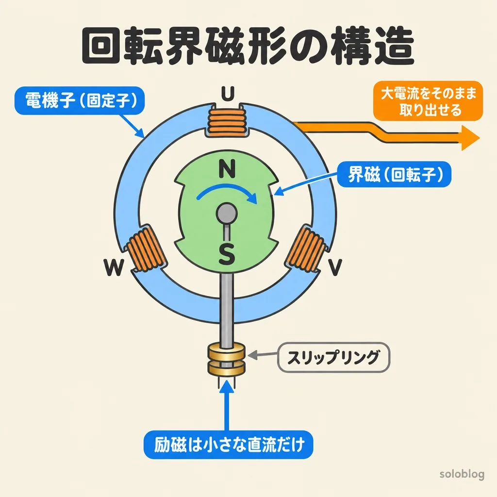 回転界磁形の同期機の構造図。電機子(U・V・W)が固定子にあり大電流をそのまま取り出せ、回転する界磁にはスリップリングから小さな直流の励磁電流だけを流す