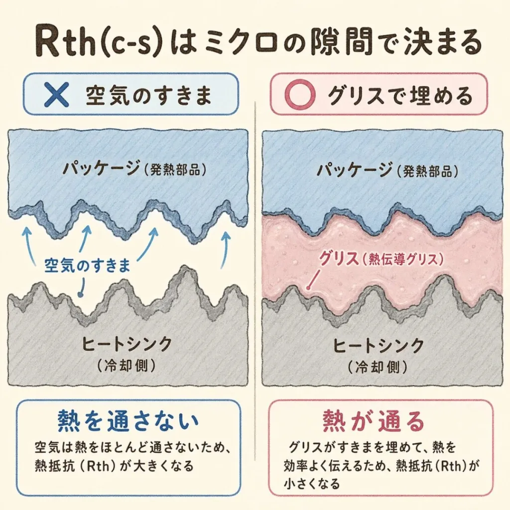 Rth(c-s)はミクロの隙間で決まる。空気のすきまは熱を通さず、熱伝導グリスで埋めると熱が通る