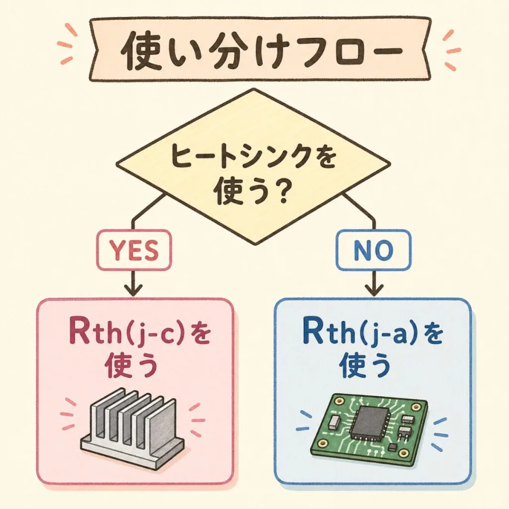 Rth(j-c)とRth(j-a)の使い分けフロー。ヒートシンクを使うならRth(j-c)、使わないならRth(j-a)