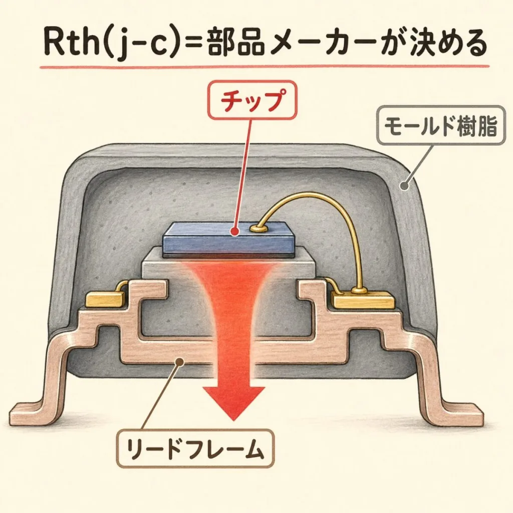 Rth(j-c)は部品メーカーが決める。パッケージの断面で、チップの熱がリードフレームへ流れる様子