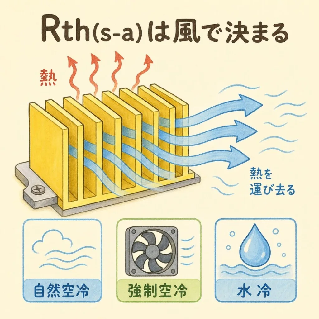 Rth(s-a)は風で決まる。ヒートシンクのフィンを通る風が熱を運び去る。自然空冷・強制空冷・水冷