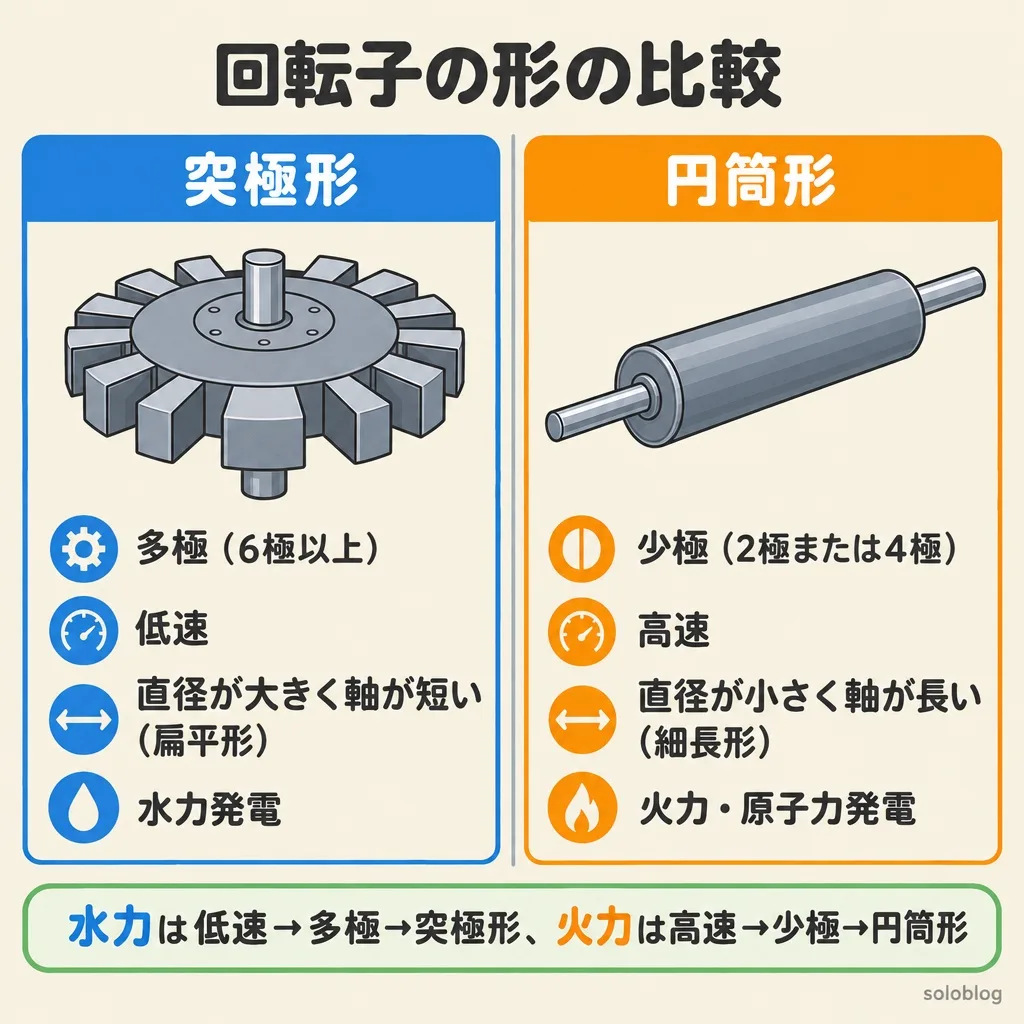 同期機の回転子の突極形と円筒形の比較図。突極形は多極(6極以上)・低速・直径が大きく軸が短い扁平形で水力発電、円筒形は少極(2極または4極)・高速・直径が小さく軸が長い細長形で火力・原子力発電