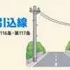 架空引込線を表すアイキャッチ。電柱から道路を渡って家の壁の取付け点へ電線が引き込まれている