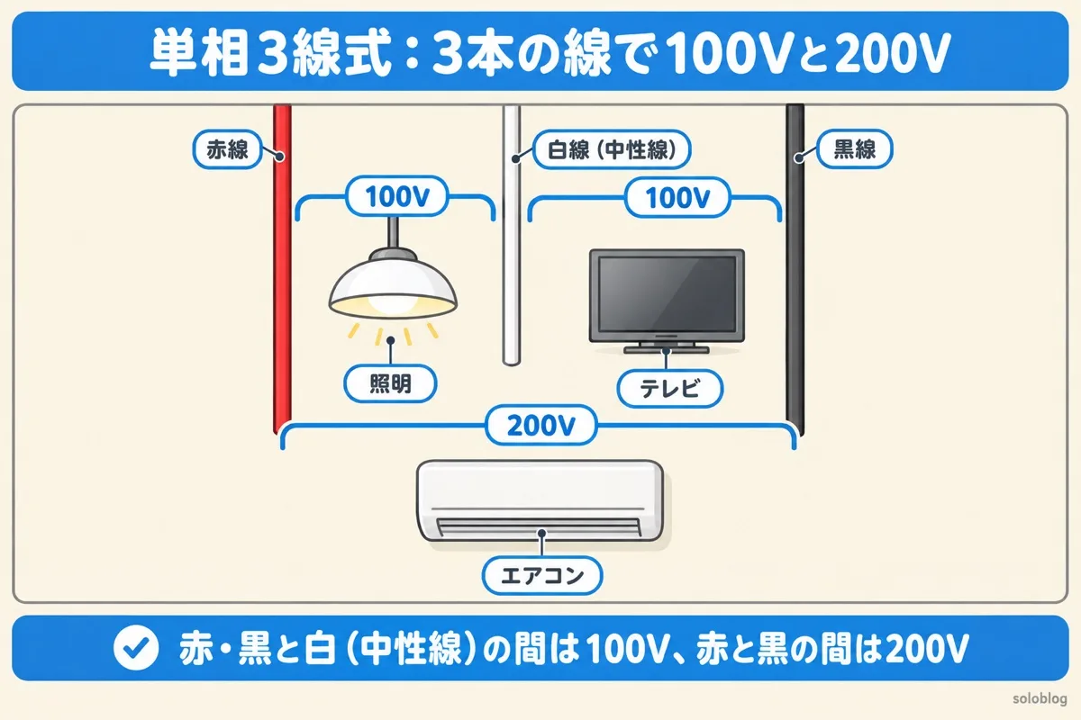 単相3線式の図。赤線と白線(中性線)、黒線と白線の間がそれぞれ100Vで照明やテレビに、赤線と黒線の間が200Vでエアコンに使う