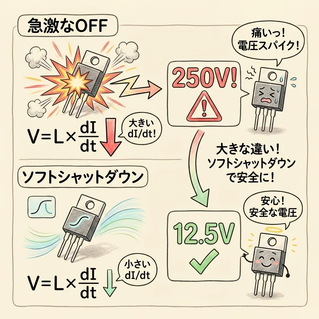 急激なOFFとソフトシャットダウンの違い。急に切ると大きなdI/dtで250Vのサージ、ゆっくり切ると小さなdI/dtで12.5Vに抑えられる