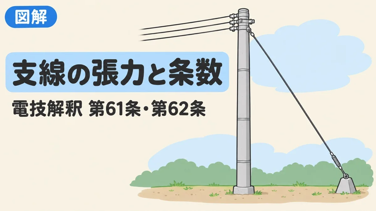 支線の張力と素線の条数を表すアイキャッチ。左へ電線が引っぱる電柱を、右下の地面へ斜めの支線で引き返している