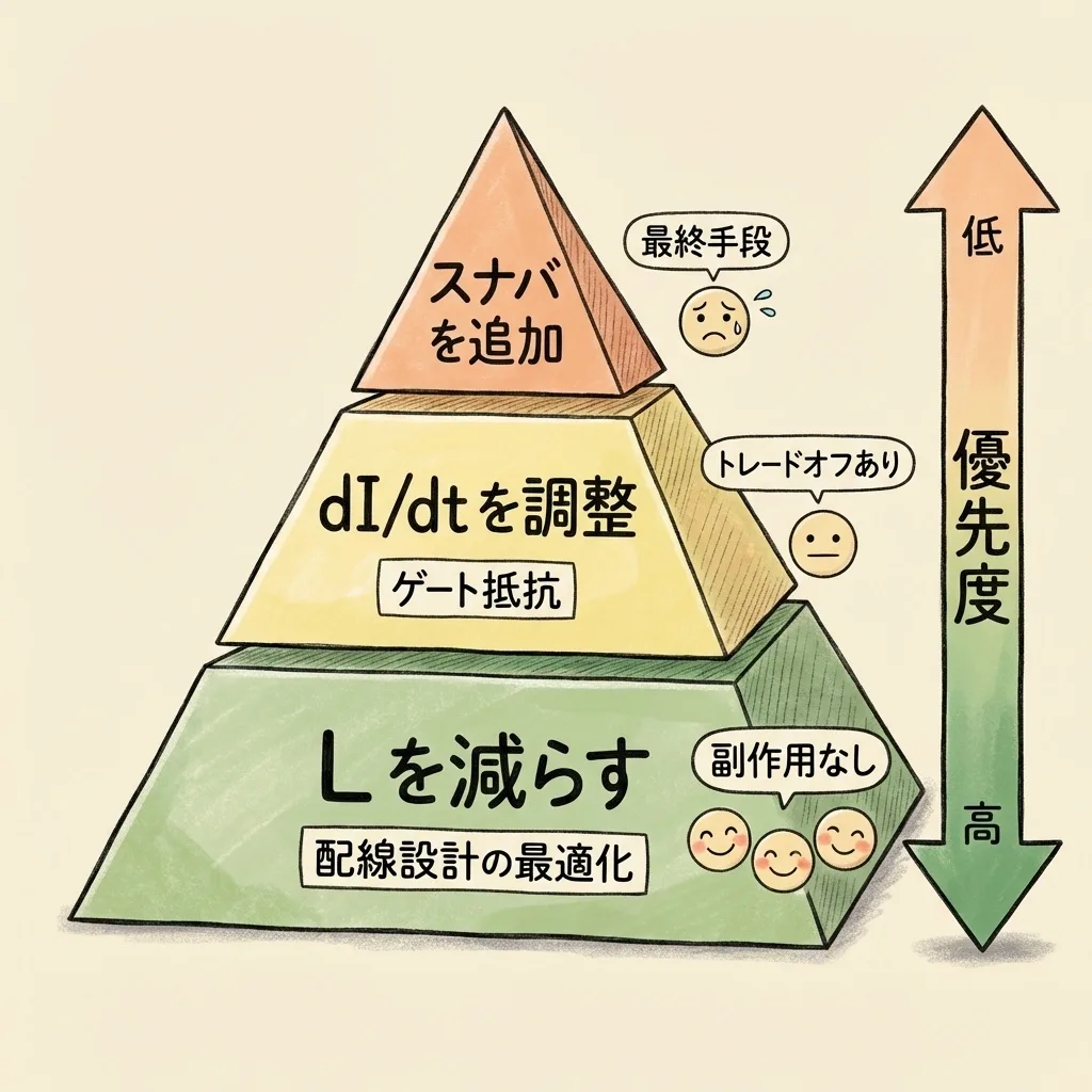 サージ対策の優先順位。まず配線のLを減らす、次にゲート抵抗でdI/dtを調整、最後の手段がスナバの追加