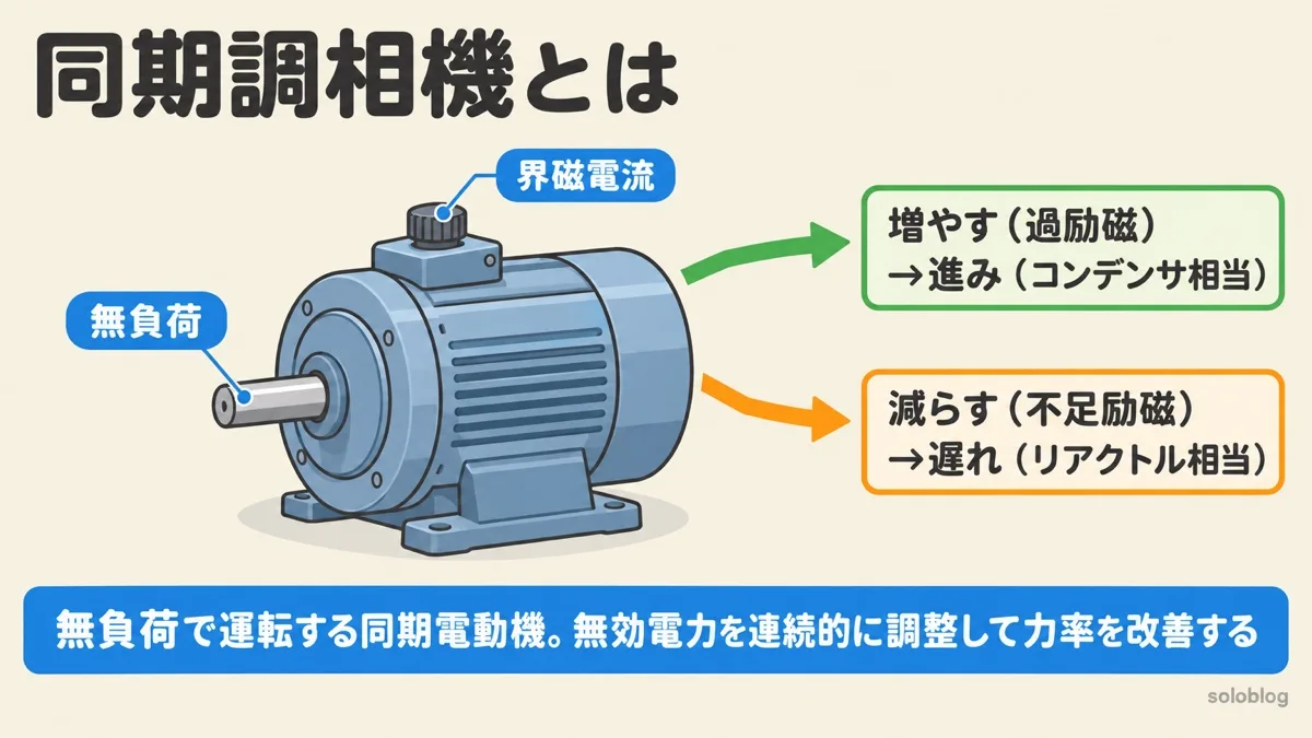 同期調相機の図。軸に何もつながない無負荷の同期電動機で、界磁電流を増やす(過励磁)と進み(コンデンサ相当)、減らす(不足励磁)と遅れ(リアクトル相当)になり、無効電力を連続的に調整する