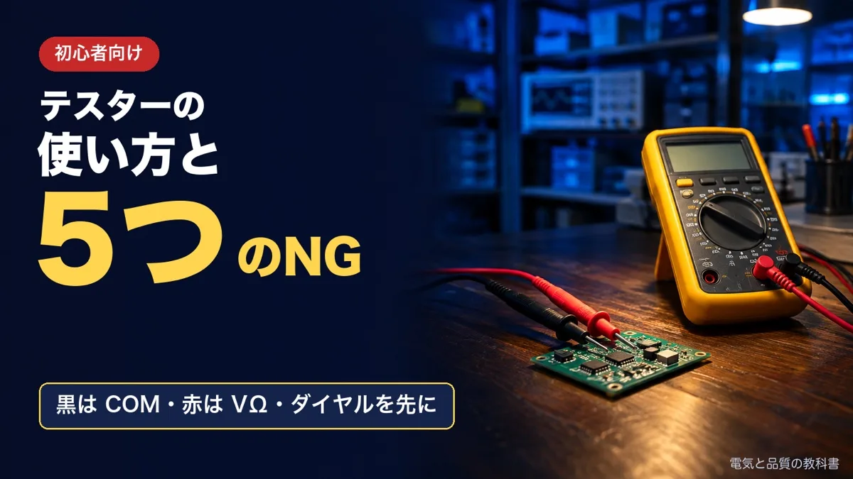 テスターの使い方のアイキャッチ。作業台のデジタルテスターと赤黒のテストリードの写真