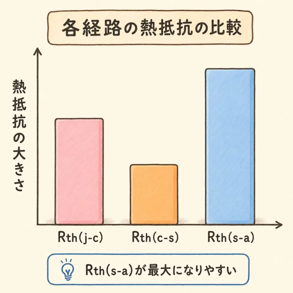 各経路の熱抵抗の大きさを比べた棒グラフ。Rth(s-a)が最大になりやすい