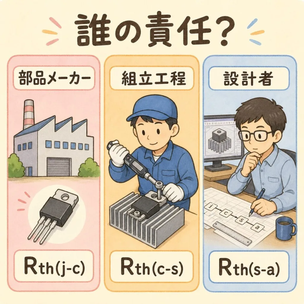 3つの熱抵抗は誰の責任か。Rth(j-c)は部品メーカー、Rth(c-s)は組立工程、Rth(s-a)は設計者