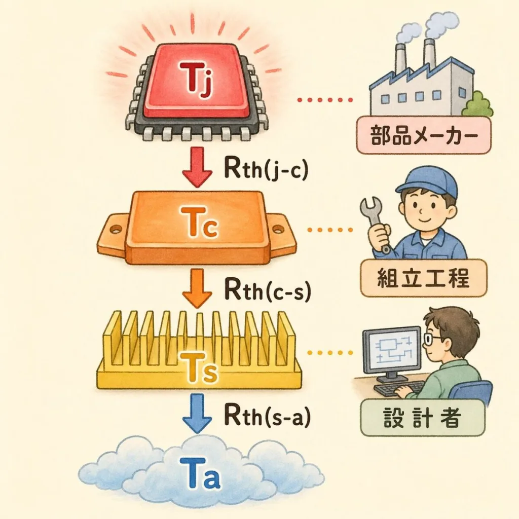 熱の通り道 Tj→Tc→Ts→Ta と3つの熱抵抗 Rth(j-c)・Rth(c-s)・Rth(s-a)、それぞれを決める部品メーカー・組立工程・設計者