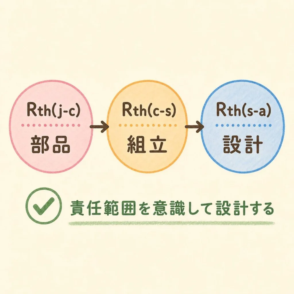 熱抵抗の責任範囲のまとめ。Rth(j-c)は部品、Rth(c-s)は組立、Rth(s-a)は設計