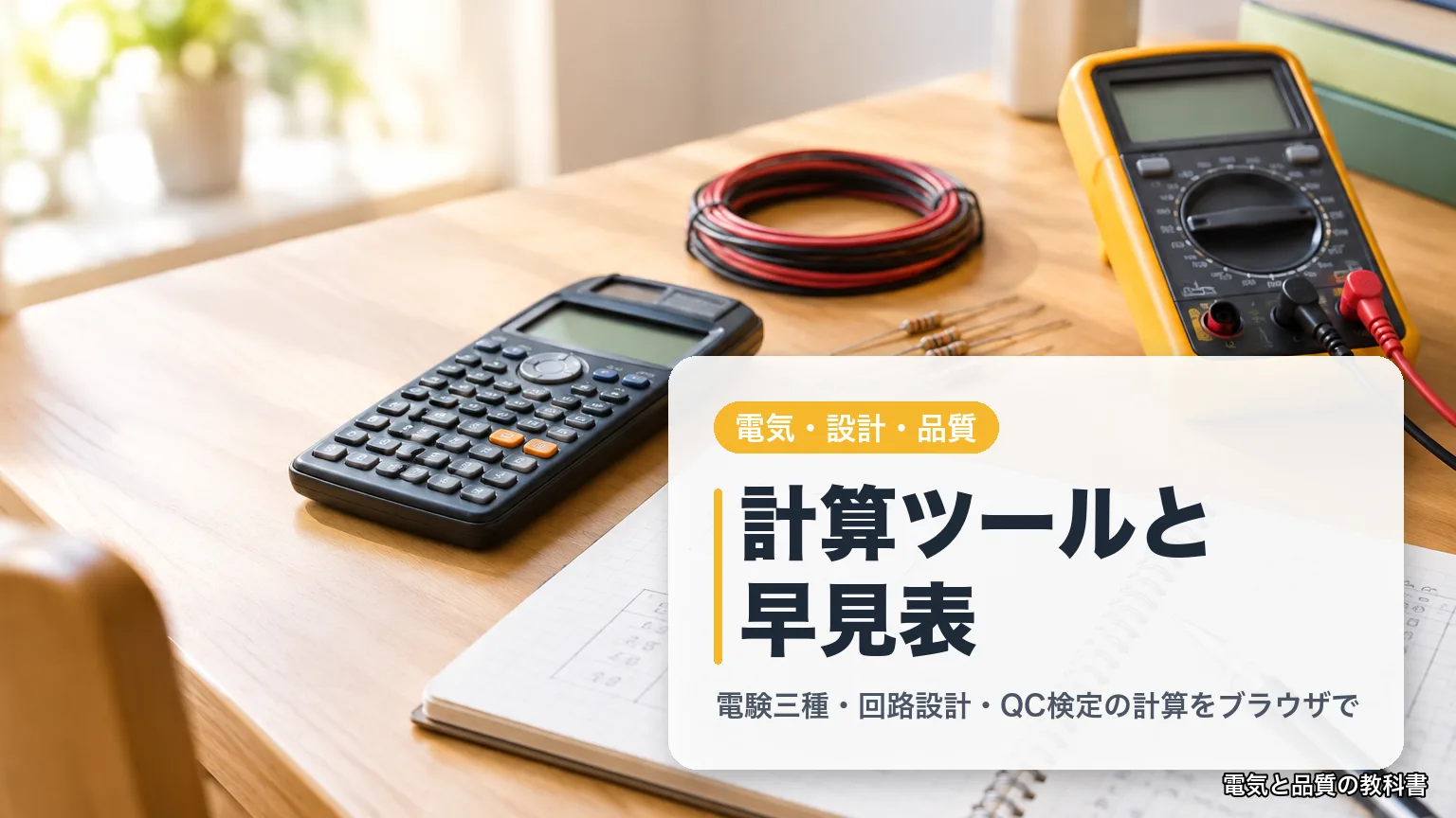 計算ツールと早見表(電気と品質の教科書):計算機とテスターと回路のメモが置かれた机