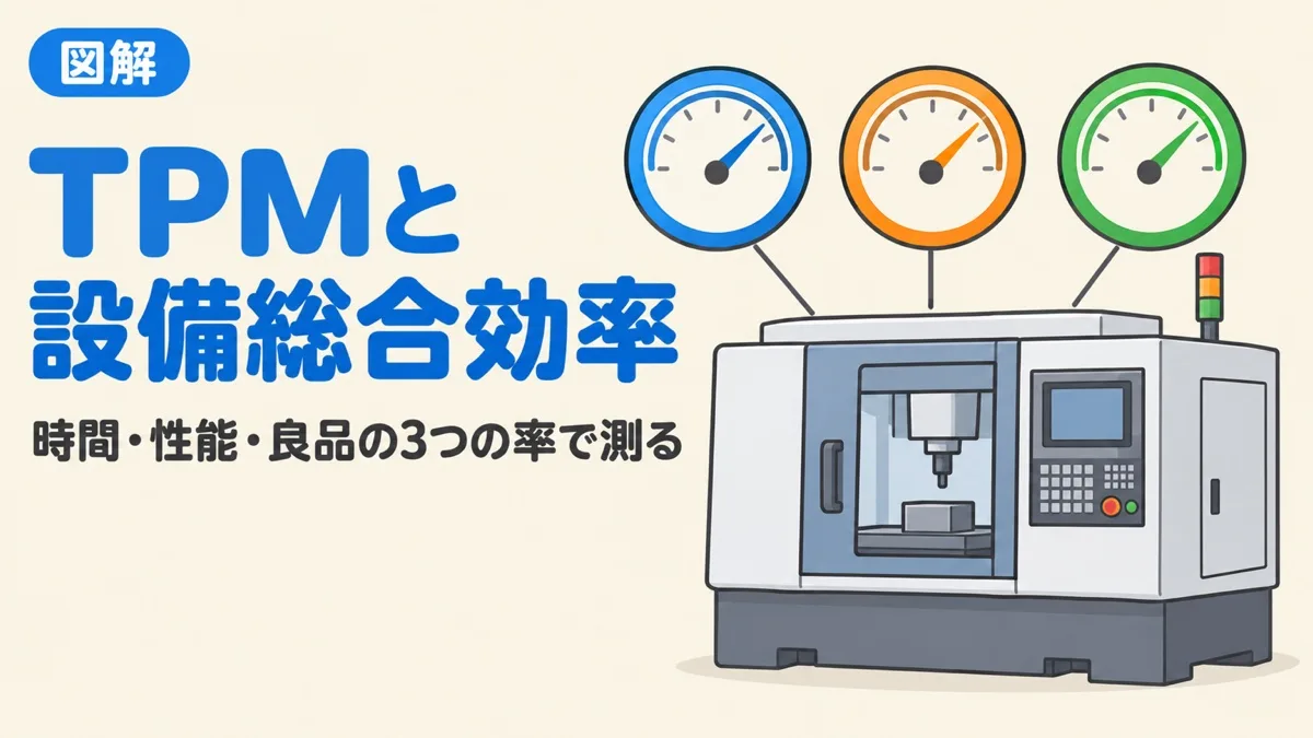 TPMと設備総合効率を表すアイキャッチ。工場の設備の上に3つのメーターが並んでいる