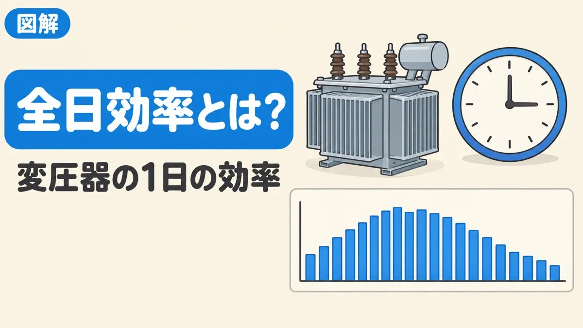 全日効率を表すアイキャッチ。変圧器と24時間の時計、1日の負荷のグラフ