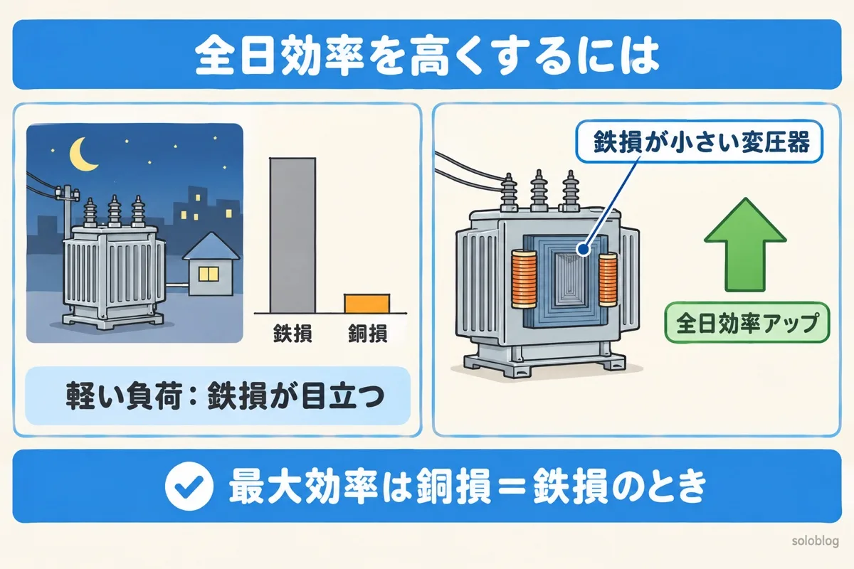 全日効率を高くする考え方の図。軽い負荷の時間が長いと鉄損が目立つので、鉄損の小さい変圧器を使うと全日効率が上がる
