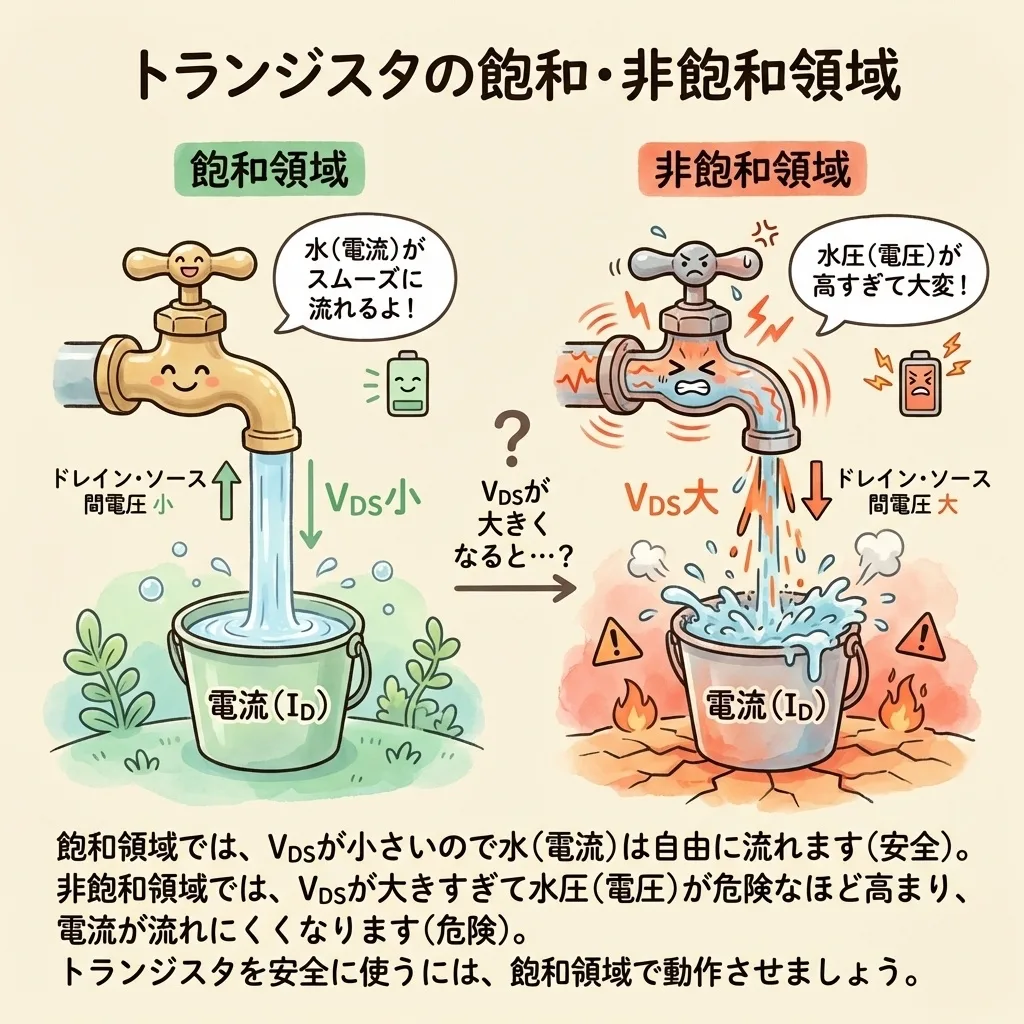 トランジスタの飽和と非飽和(デサチュレーション)を蛇口でたとえた図。VDSが小さいと電流がスムーズに流れ、VDSが大きくなると危険な状態