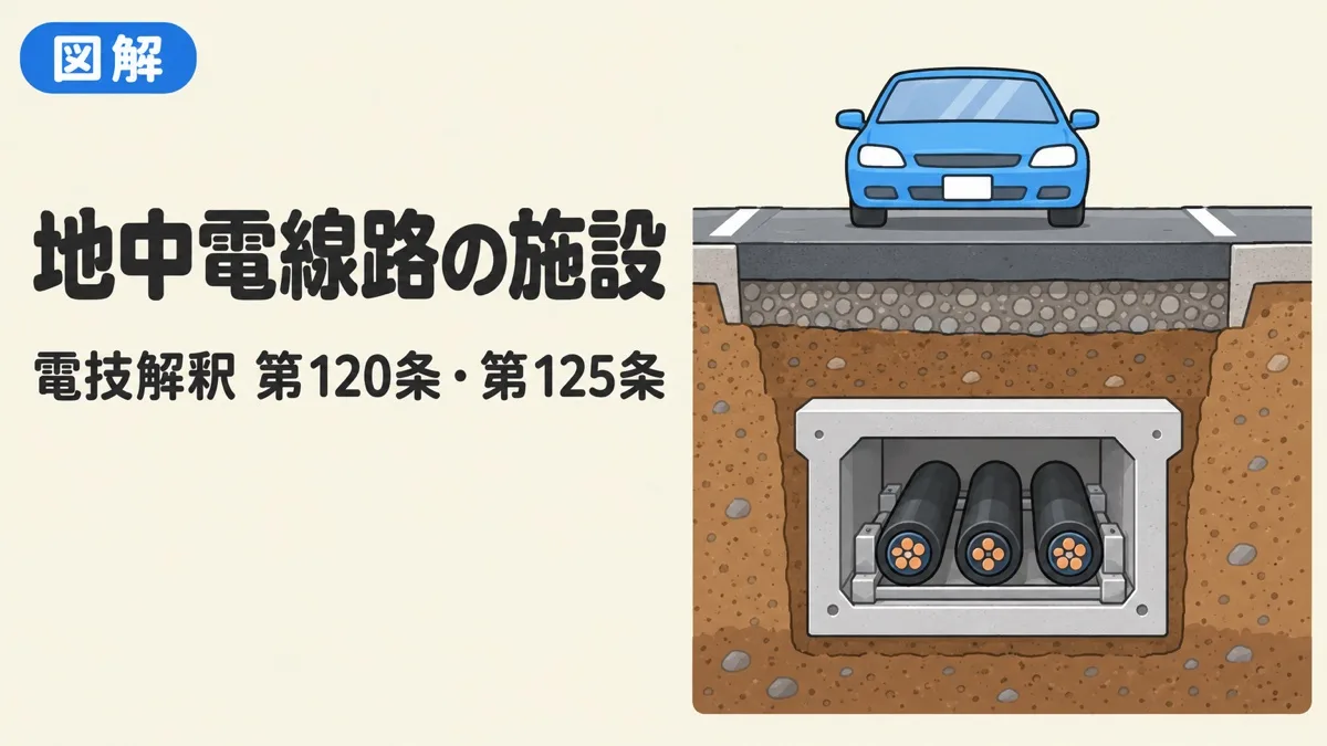 地中電線路を表すアイキャッチ。道路の下の土の中に、トラフに収めたケーブルが埋まっている