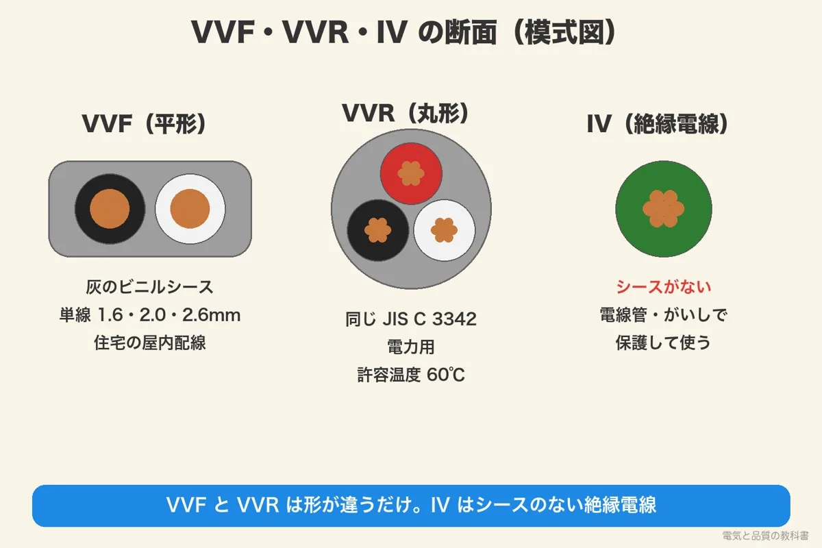 VVF ケーブルと VVR ケーブルと IV 電線の断面の模式図。VVF は平形、VVR は丸形、IV はシースのない絶縁電線