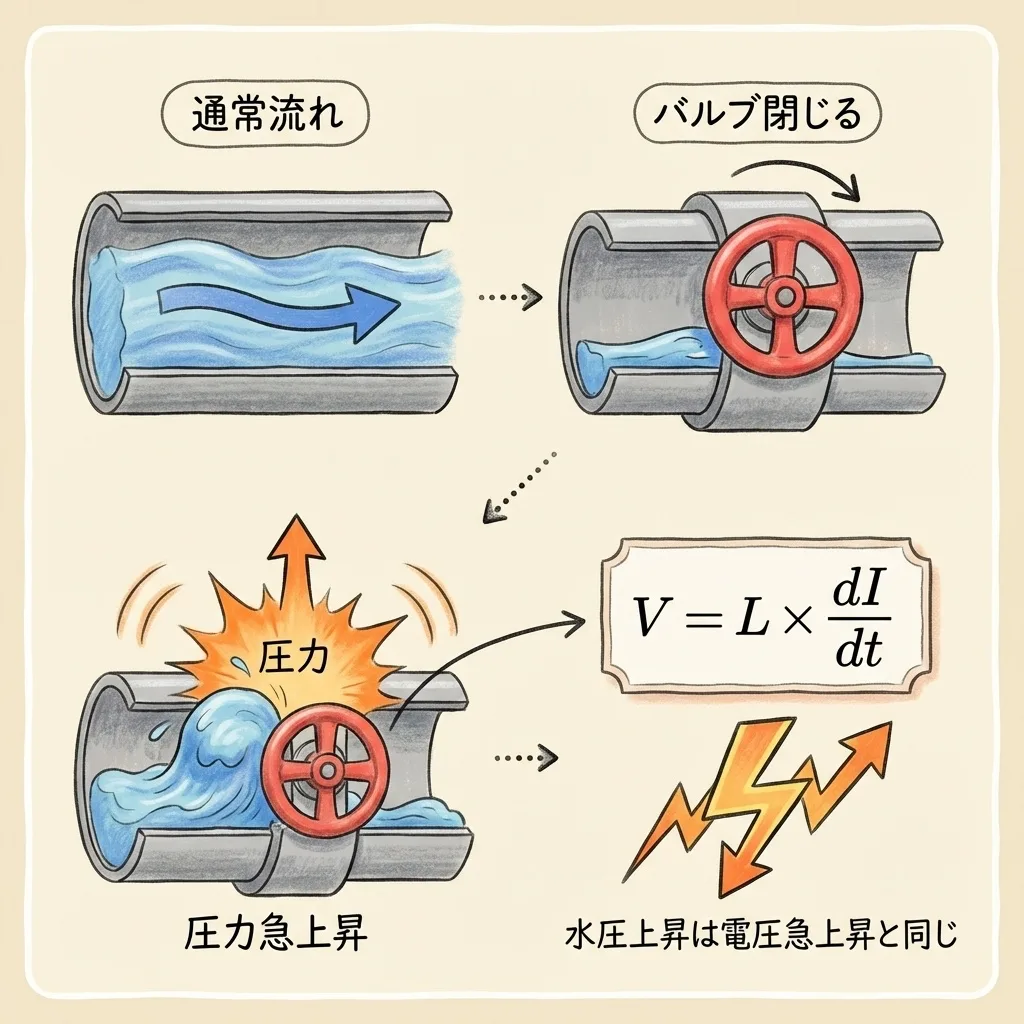 水撃(ウォーターハンマー)とサージ電圧のたとえ。バルブを急に閉じると圧力が急上昇するように、V=L×dI/dt で電圧が跳ね上がる