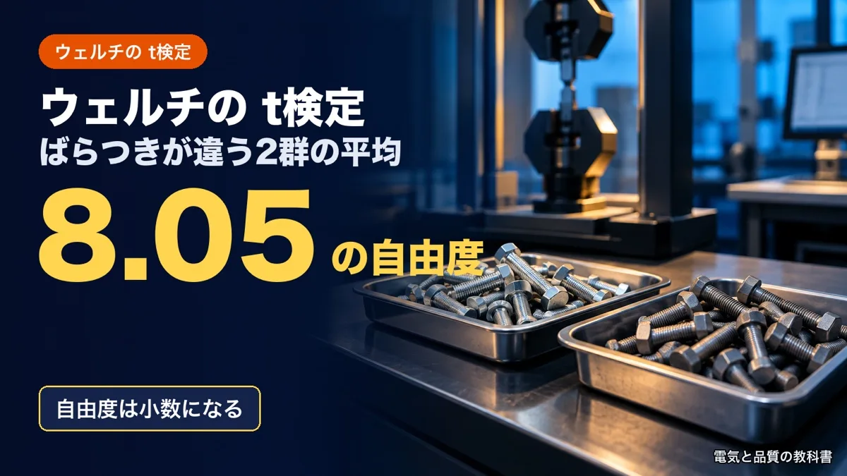 ウェルチのt検定の記事のアイキャッチ。2社のボルトを入れた2つのトレーと引張試験機の写真に「ウェルチのt検定 8.05の自由度」の文字