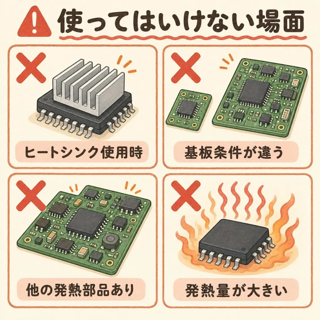 Rth(j-a)を使ってはいけない場面。ヒートシンクを使うとき、基板の条件が違うとき、ほかの発熱部品があるとき、発熱量が大きいとき