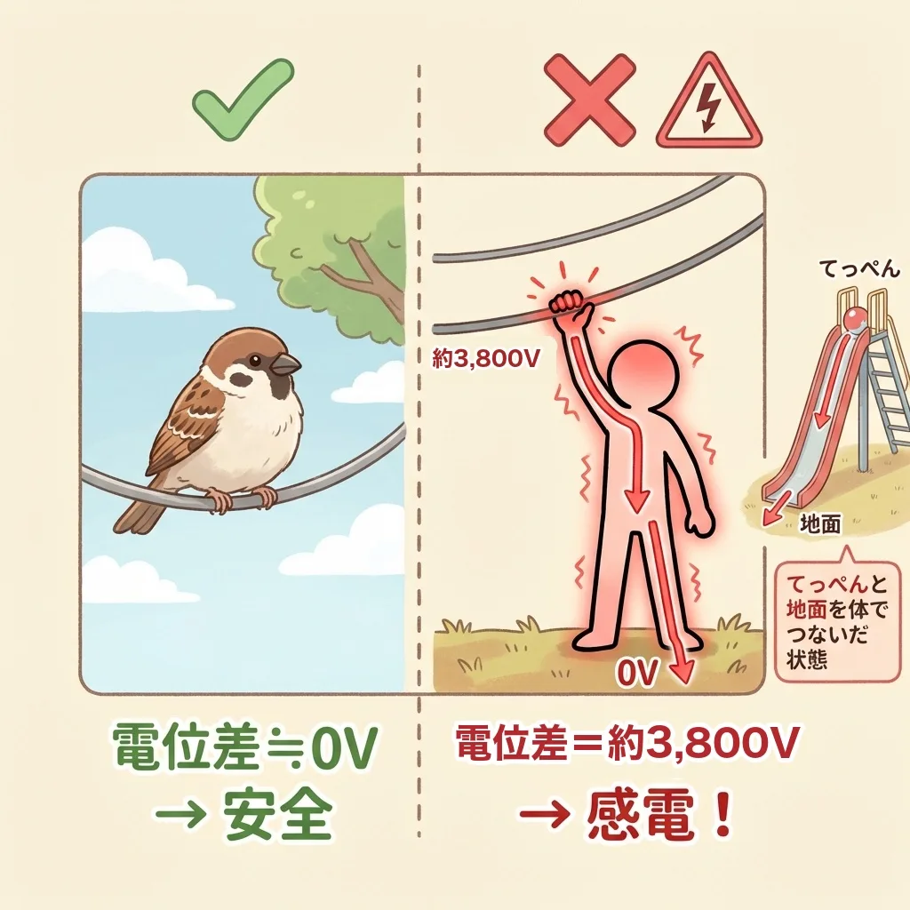 鳥と人の比較図。電線に止まる鳥は電位差≒0Vで安全、地面に立つ人が高圧配電線に触れると、てっぺんと地面を体でつないで電位差 約3,800Vがかかり感電する