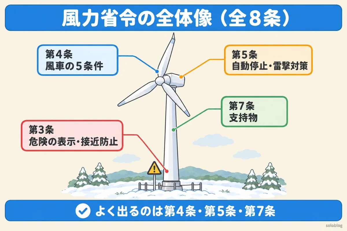 風力省令の全体像の図。第3条は危険の表示と接近防止、第4条は風車の5条件、第5条は自動停止と雷撃対策、第7条は風車を支持する工作物