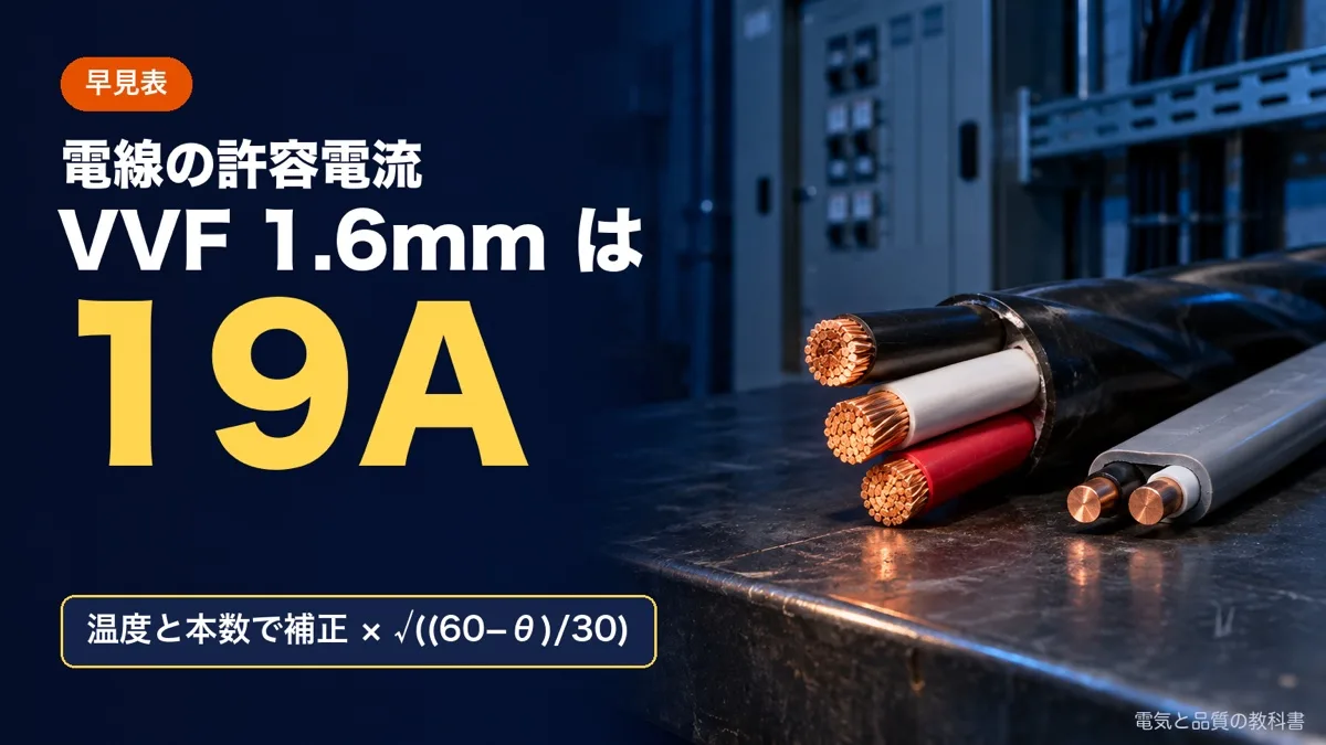 電線の許容電流 早見表のアイキャッチ。ケーブルの切り口の写真に、VVF 1.6mm 19A と補正係数の式