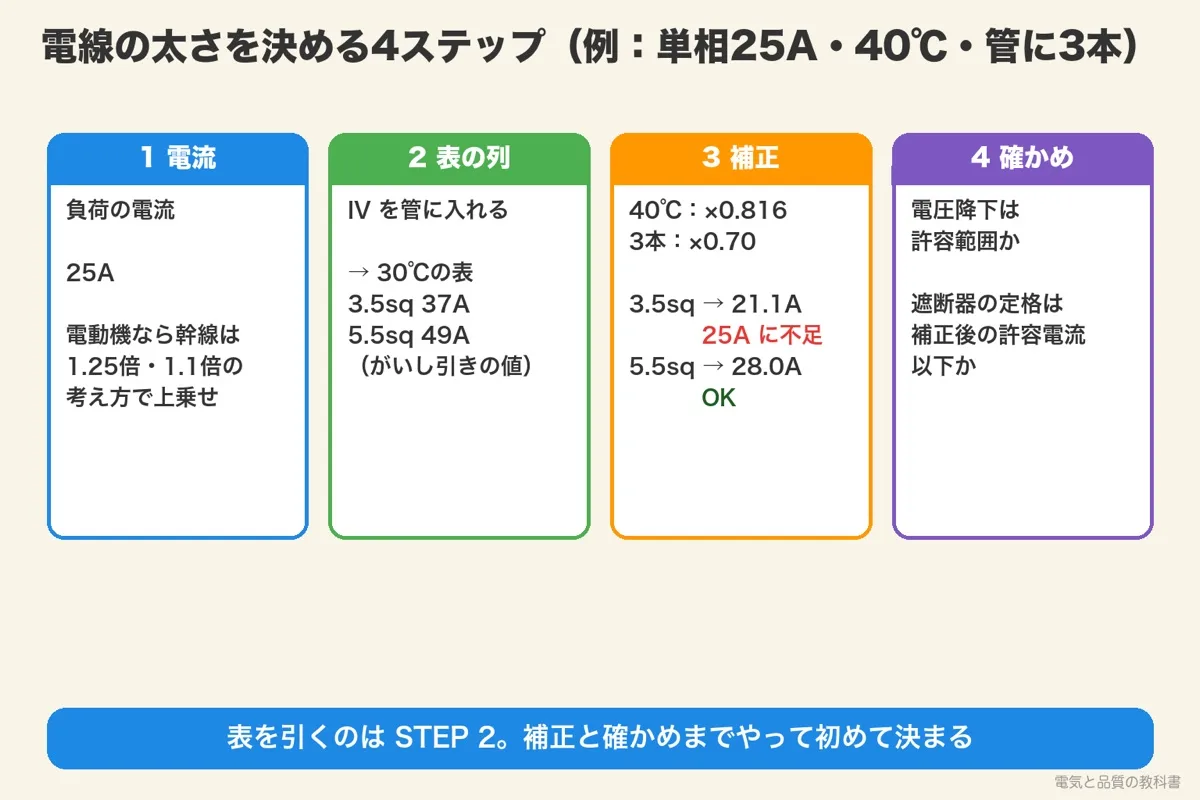 電線の太さを決める4ステップ。25A・40℃・管に3本で 3.5sq は21.1A で不足、5.5sq は28.0A で足りる